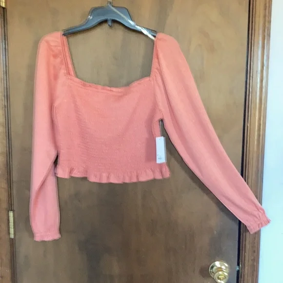 SO top blush crepe long sleeve smocked top boho cottagecore casual L jrs - Picture 11 of 16